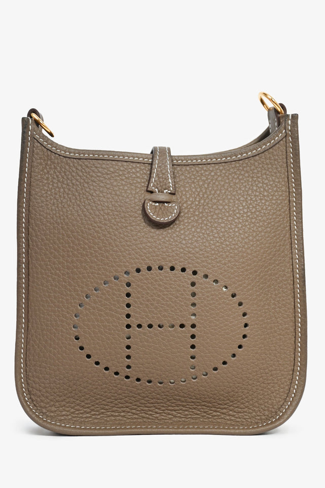 Hermes 2023 Etoupe Clemence Leather Evelyne 16 TPM Crossbody with Navy Blue Strap