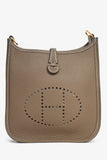 Hermes 2023 Etoupe Clemence Leather Evelyne 16 TPM Crossbody with Navy Blue Strap