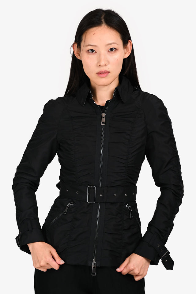 Burberry London Black Ruched Hooded Jacket Size 2 US