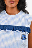 Prada White/Blue Striped Ruffled Detail Logo Applique Top Size 42