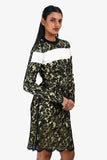 Louis Vuitton Black/Yellow Lace Leather Trim  Long Sleeve Midi Dress Size 36