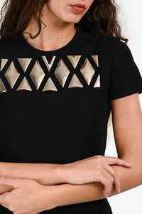 Louis Vuitton Black/Gold Metal Plaque Short Sleeves Shift Dress Size 34