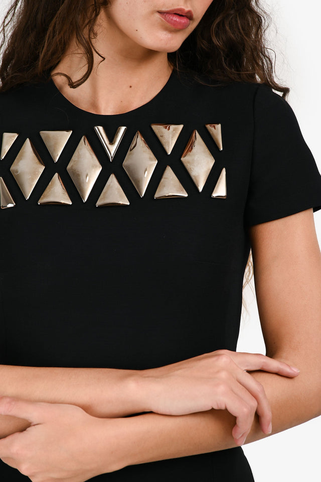 Louis Vuitton Black/Gold Metal Plaque Short Sleeves Shift Dress Size 34