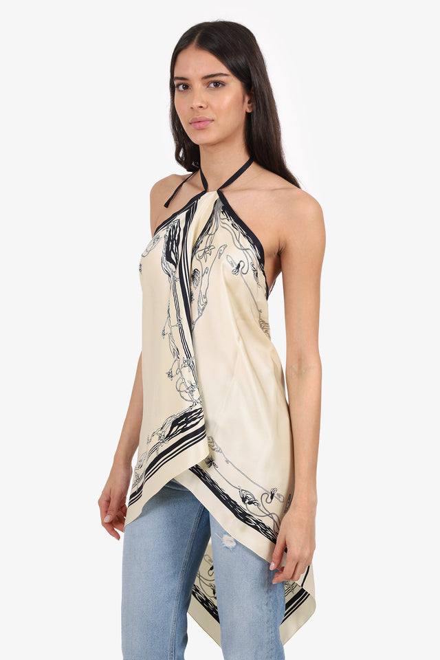 Hermes Cream/Black Silk Halter Neck Tunic Size 38