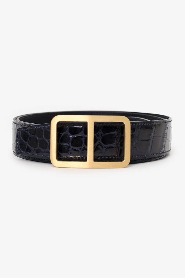 Hermes Navy Shiny Crocodile Porosus Leather Officer Buckle Belt