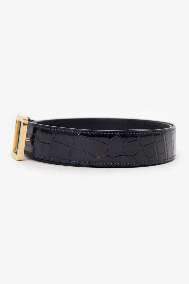 Hermes Navy Shiny Crocodile Porosus Leather Officer Buckle Belt