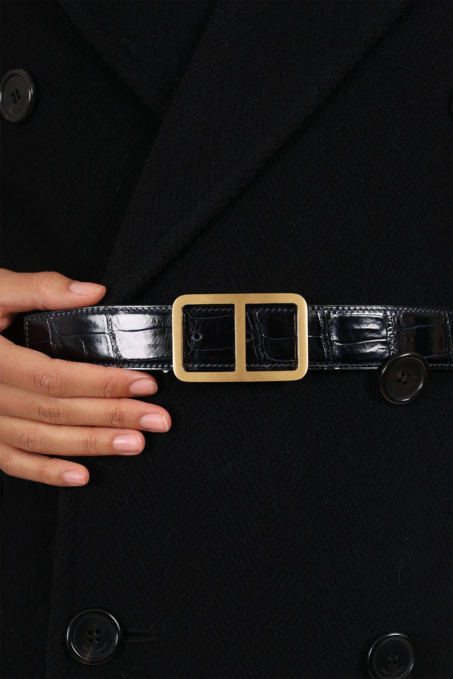 Hermes Navy Shiny Crocodile Porosus Leather Officer Buckle Belt