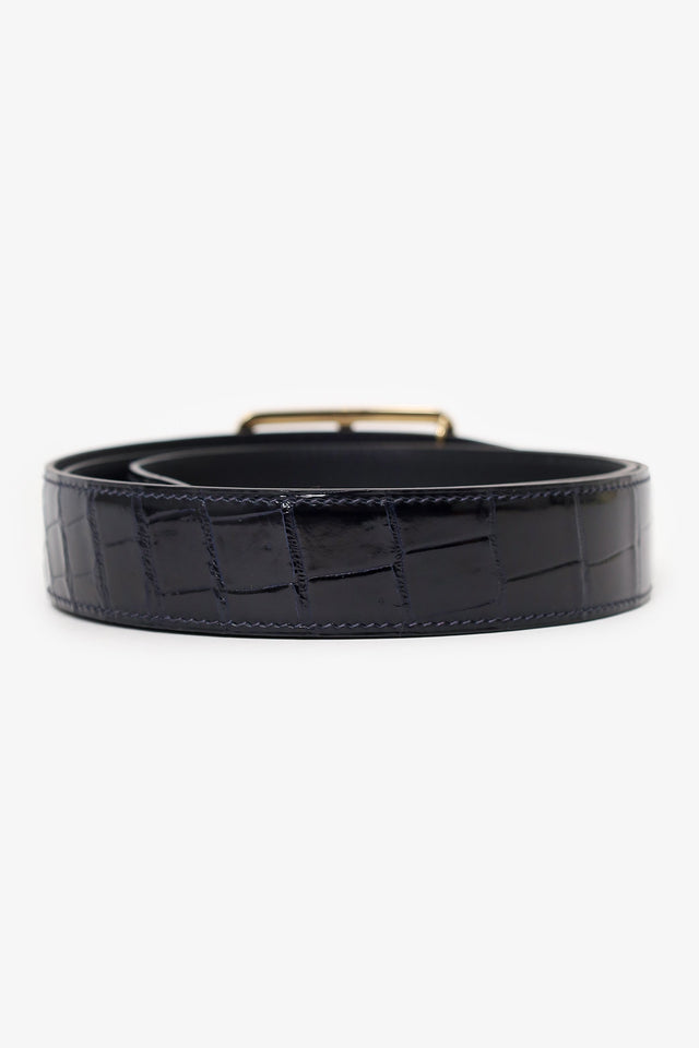 Hermes Navy Shiny Crocodile Porosus Leather Officer Buckle Belt