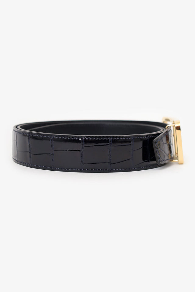 Hermes Navy Shiny Crocodile Porosus Leather Officer Buckle Belt