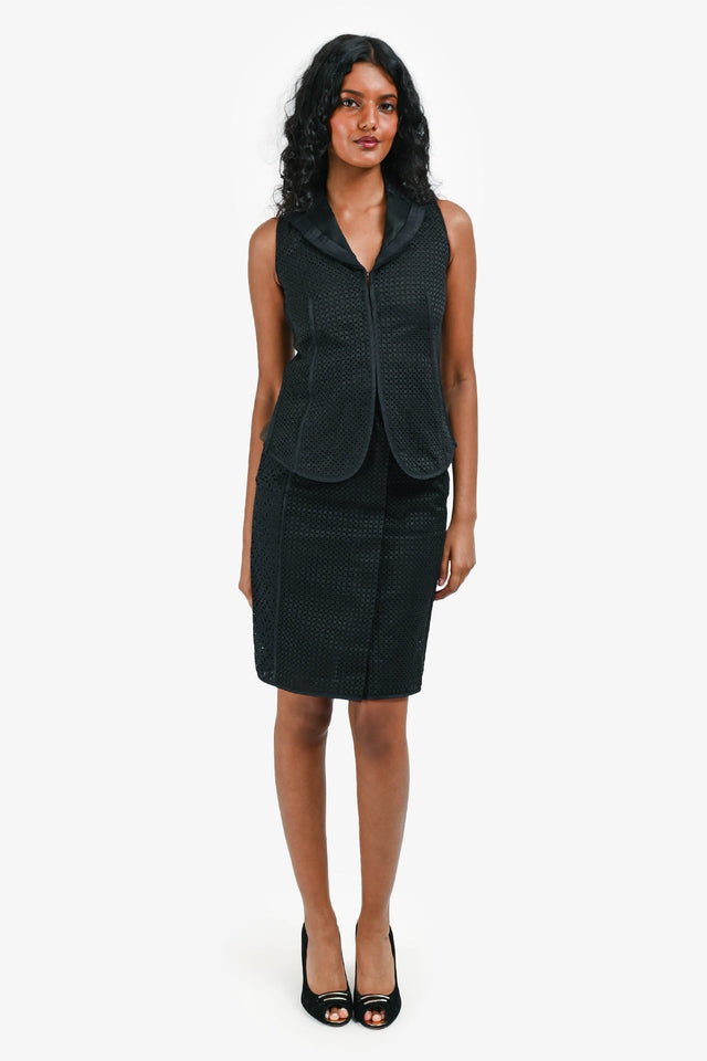 Louis Vuitton Black Eyelet Lace Vest Size 34 + Midi Skirt Size 36 Set