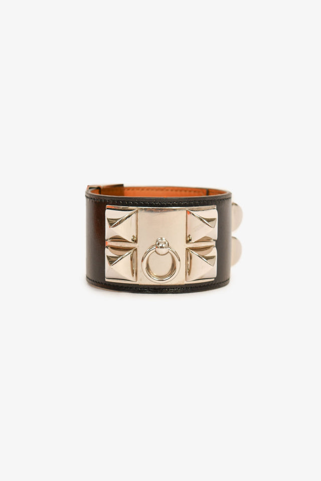 Hermes Black Leather Collier De Chien Bracelet PHW Size 3