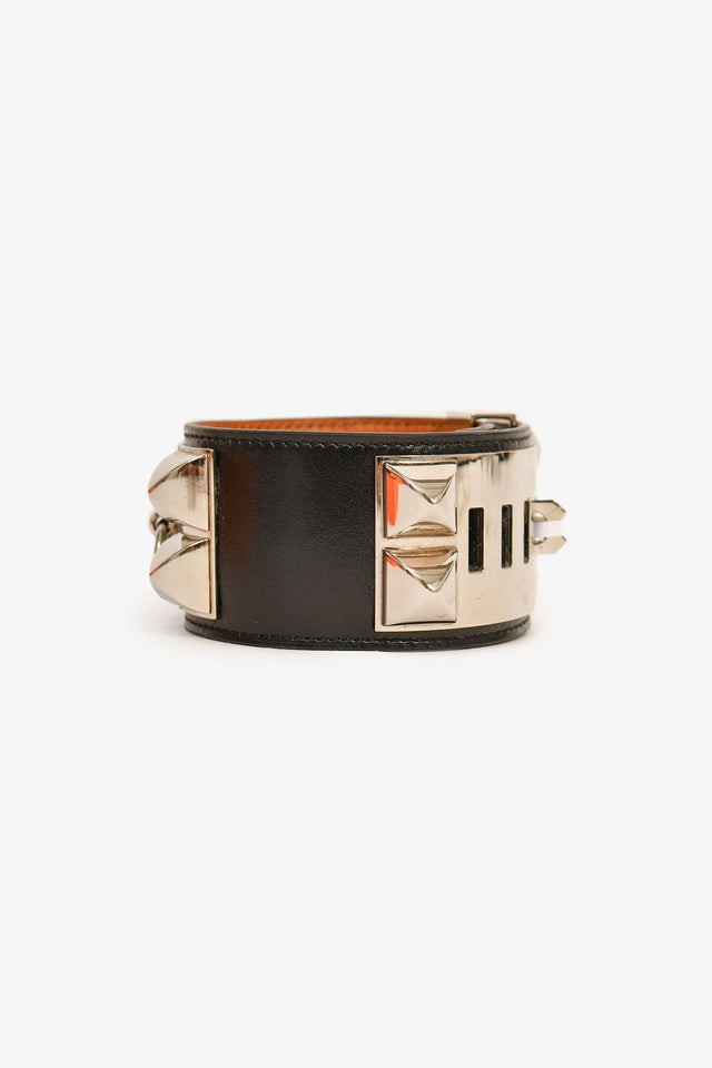 Hermes Black Leather Collier De Chien Bracelet PHW Size 3