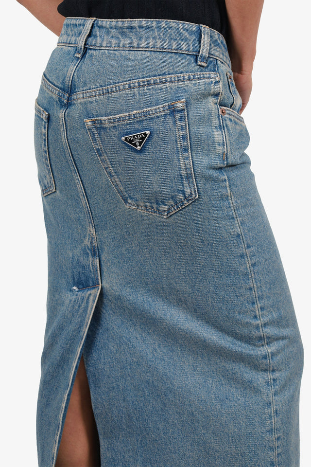 Prada Blue Denim Triangle Logo Maxi Skirt Size 38