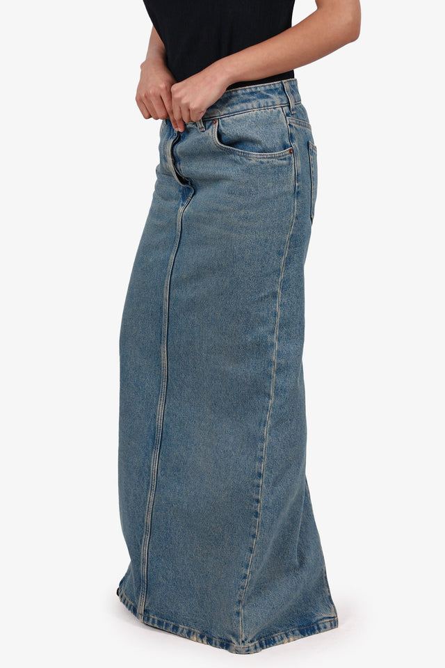Prada Blue Denim Triangle Logo Maxi Skirt Size 38