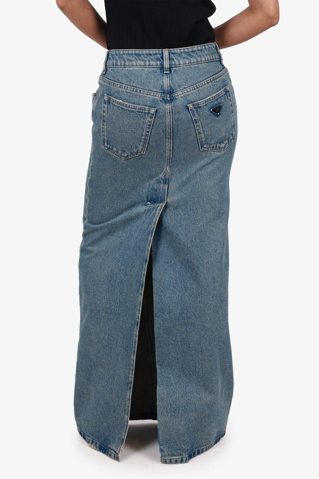 Prada Blue Denim Triangle Logo Maxi Skirt Size 38