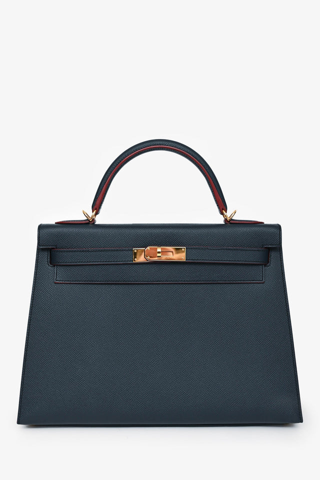 Hermes 2016 Blue Indigo/Rouge H Trim Epsom Leather Contour Sellier Kelly 32 With Strap GHW