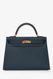 Hermes 2016 Blue Indigo/Rouge H Trim Epsom Leather Contour Sellier Kelly 32 With Strap GHW
