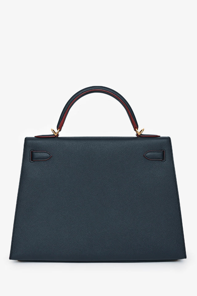 Hermes 2016 Blue Indigo/Rouge H Trim Epsom Leather Contour Sellier Kelly 32 With Strap GHW