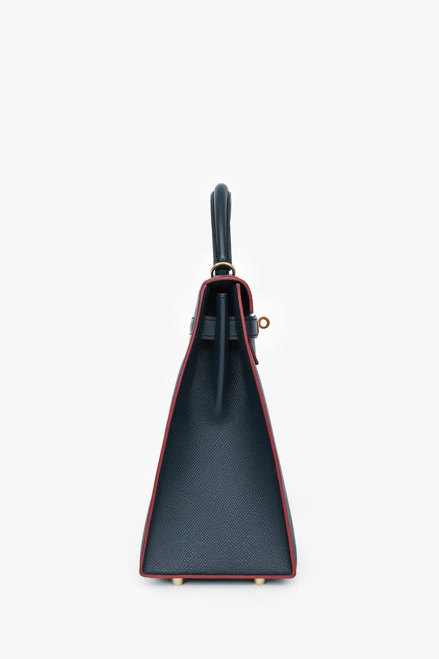 Hermes 2016 Blue Indigo/Rouge H Trim Epsom Leather Contour Sellier Kelly 32 With Strap GHW