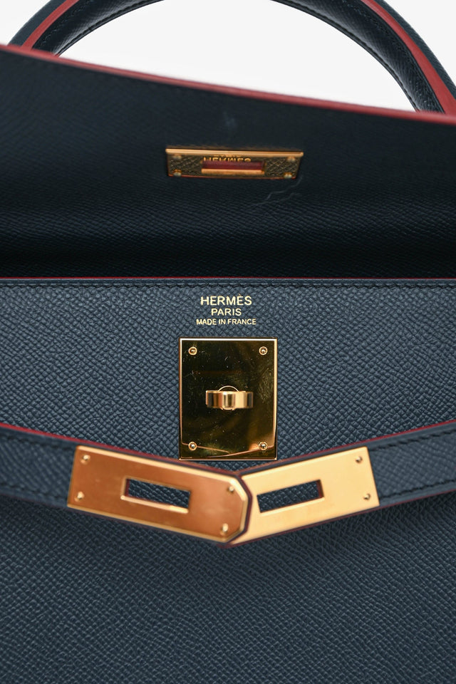 Hermes 2016 Blue Indigo/Rouge H Trim Epsom Leather Contour Sellier Kelly 32 With Strap GHW