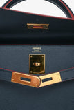 Hermes 2016 Blue Indigo/Rouge H Trim Epsom Leather Contour Sellier Kelly 32 With Strap GHW