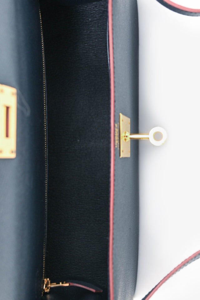 Hermes 2016 Blue Indigo/Rouge H Trim Epsom Leather Contour Sellier Kelly 32 With Strap GHW