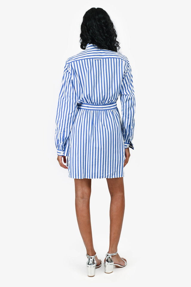Prada Blue/White Striped Cotton Buttoned Long Sleeves Mini Dress Size 40
