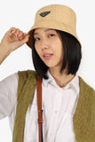 Prada Beige Straw Triangle Logo Bucket Hat Size S