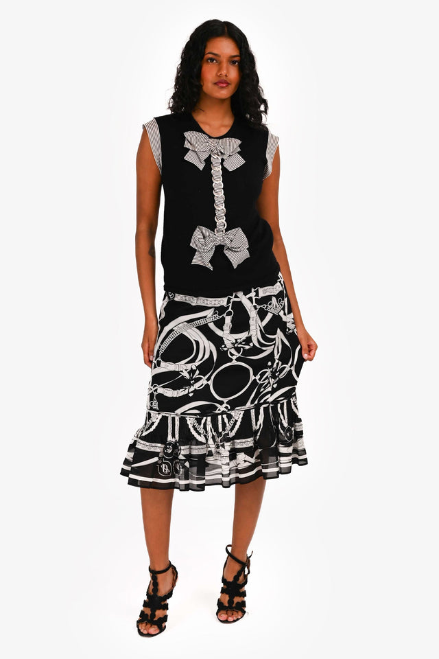 Hermes Black/White Patterned Silk Ruffle Midi Skirt Size 40