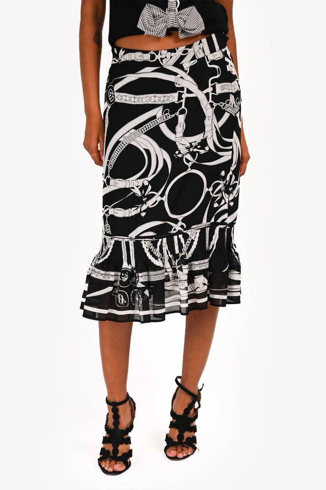 Hermes Black/White Patterned Silk Ruffle Midi Skirt Size 40
