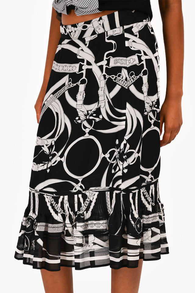 Hermes Black/White Patterned Silk Ruffle Midi Skirt Size 40