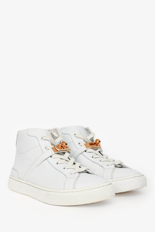 Hermes White Leather Kelly Buckle 'Daydream' High Top Sneakers Size 36