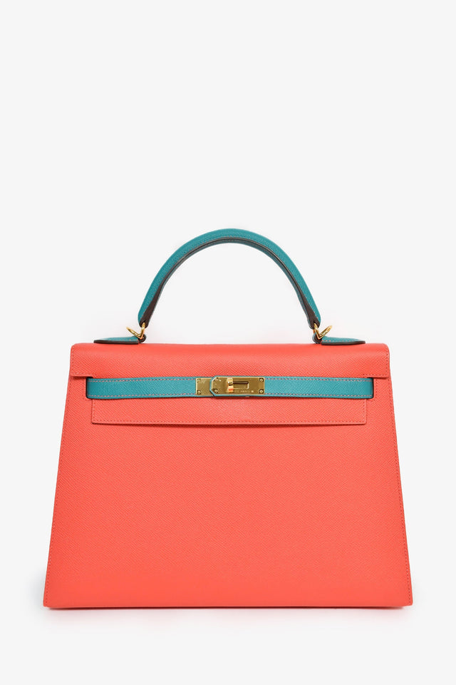 Hermes 2017 Special Order Coral/Teal Bi-Colour Epsom Leather Kelly Sellier 32