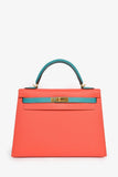 Hermes 2017 Special Order Coral/Teal Bi-Colour Epsom Leather Kelly Sellier 32