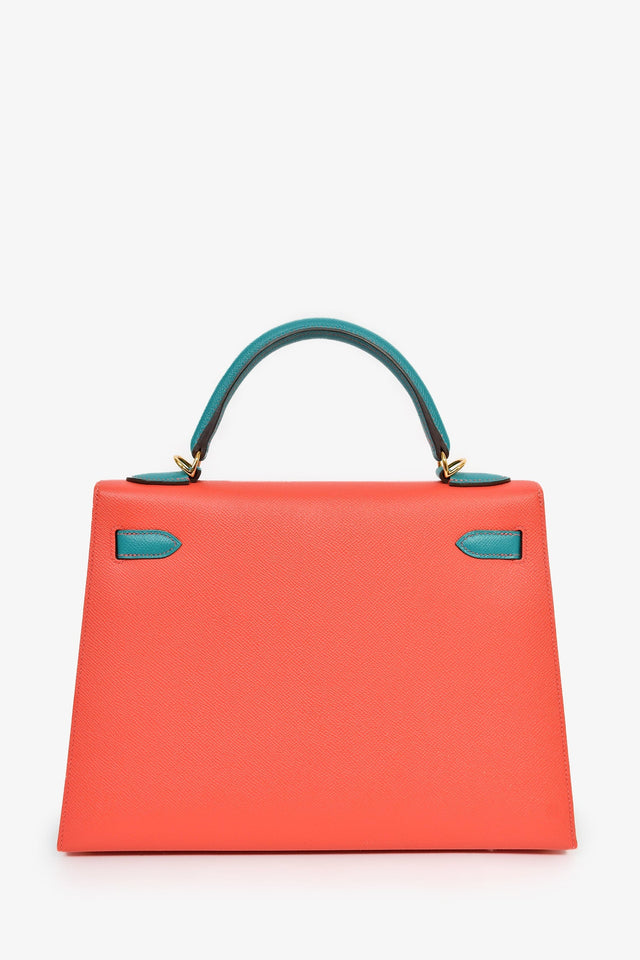Hermes 2017 Special Order Coral/Teal Bi-Colour Epsom Leather Kelly Sellier 32