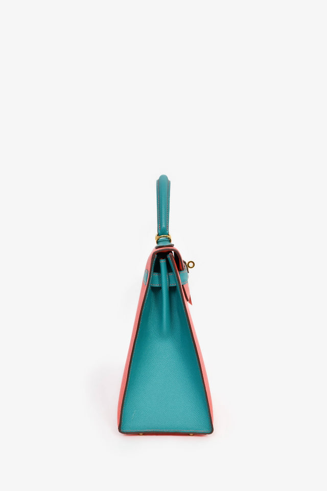 Hermes 2017 Special Order Coral/Teal Bi-Colour Epsom Leather Kelly Sellier 32