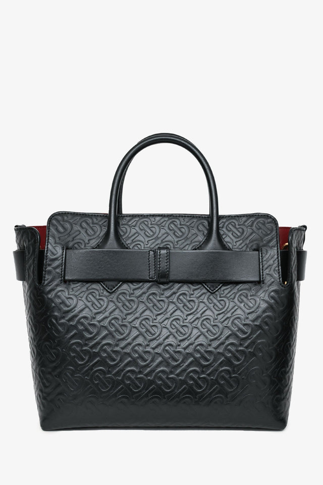 Burberry Black Leather TB Monogram Embossed Tote With Strap