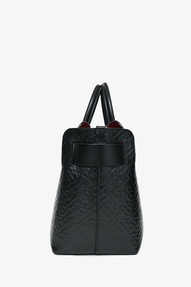 Burberry Black Leather TB Monogram Embossed Tote With Strap