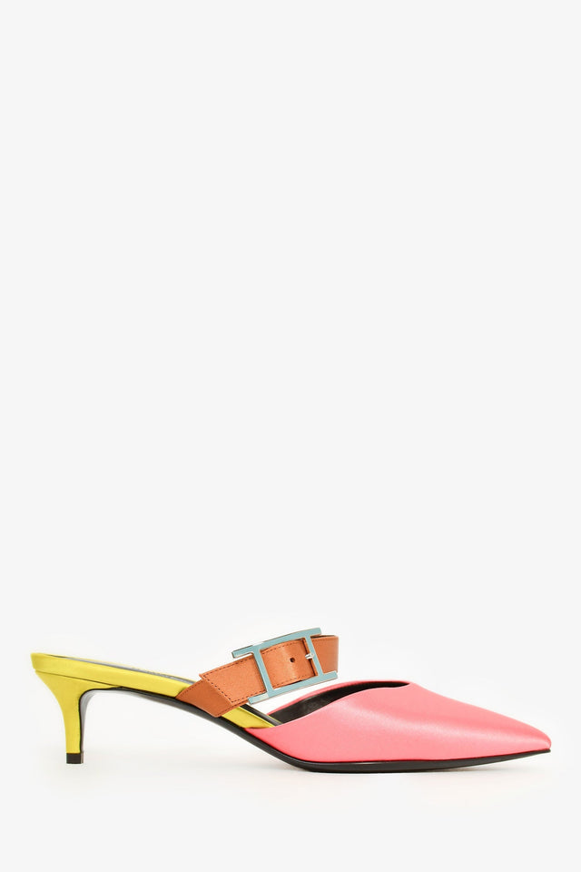 Hermes Pink/Yellow/Brown Satin Pointed Kitten Heels Size 37