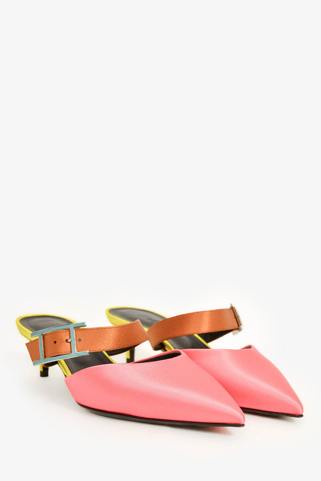 Hermes Pink/Yellow/Brown Satin Pointed Kitten Heels Size 37