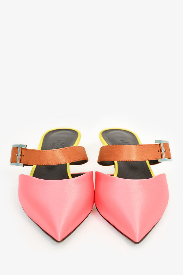 Hermes Pink/Yellow/Brown Satin Pointed Kitten Heels Size 37