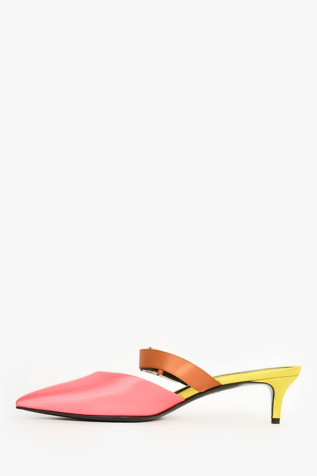 Hermes Pink/Yellow/Brown Satin Pointed Kitten Heels Size 37