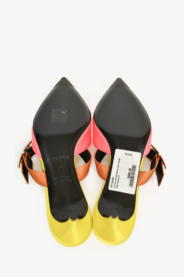 Hermes Pink/Yellow/Brown Satin Pointed Kitten Heels Size 37