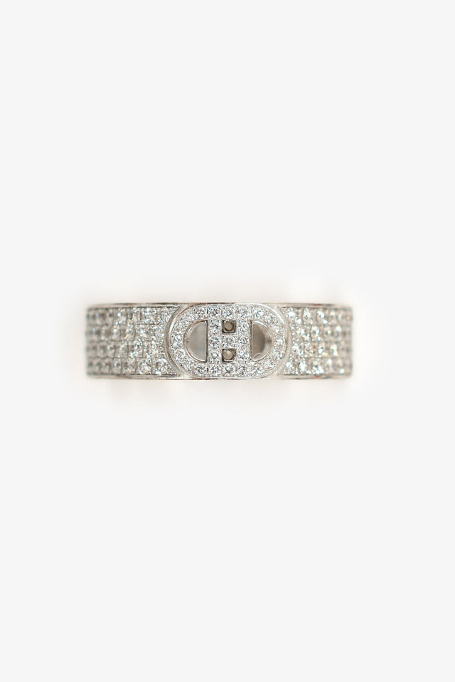 Hermes 18K White Gold Diamond Small H d'Ancre Ring Size 54