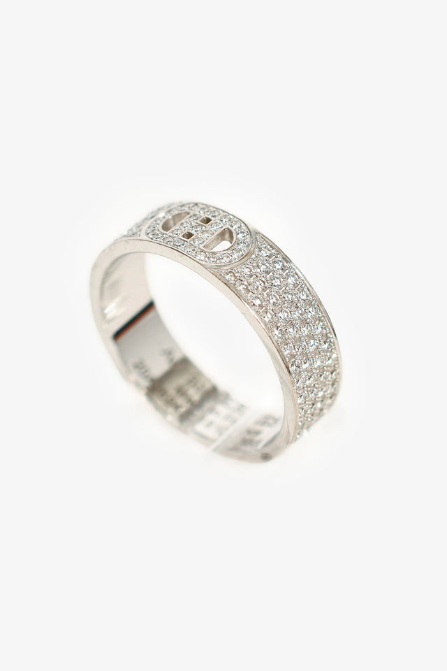 Hermes 18K White Gold Diamond Small H d'Ancre Ring Size 54
