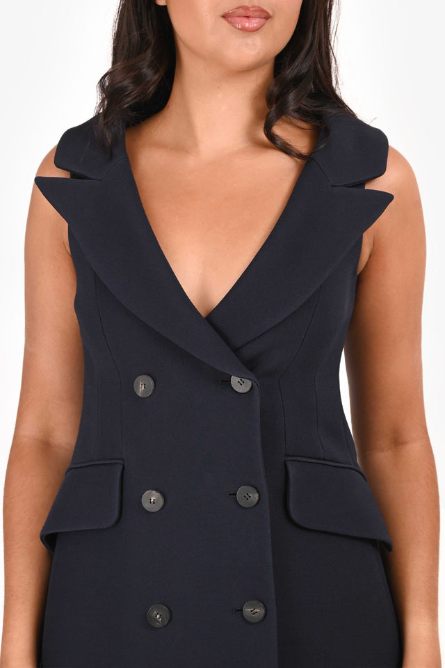 Christian Dior Navy Wool Double Breasted Sleeves Blazer Style Long Dress Size 38