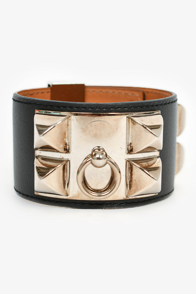 Hermes 2014 Black Leather Silver Collier de Chien Bracelet