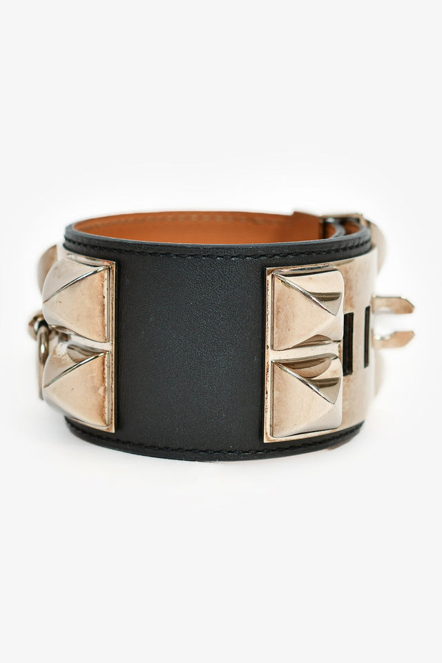 Hermes 2014 Black Leather Silver Collier de Chien Bracelet