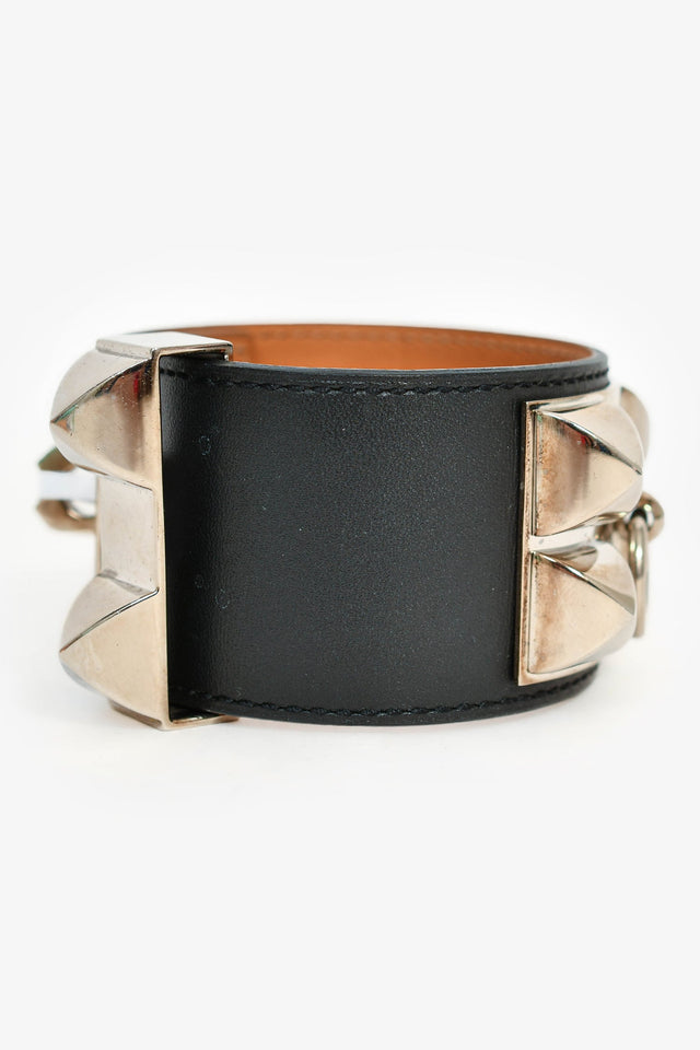 Hermes 2014 Black Leather Silver Collier de Chien Bracelet