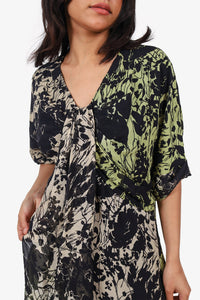 Christian Dior Green/Black Silk Printed Draped Short Sleeve Midi Dress Size 14
